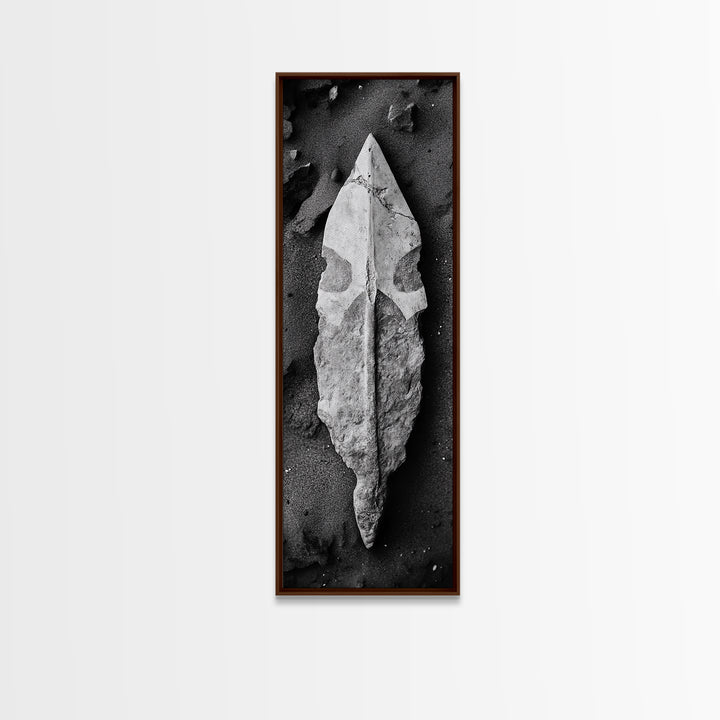 Ancient Arrowhead, Primitive Stone, Monochrome Artifact, Framed Canvas Print, Masculine Office Art, Boho Study Decor, Earthy Design