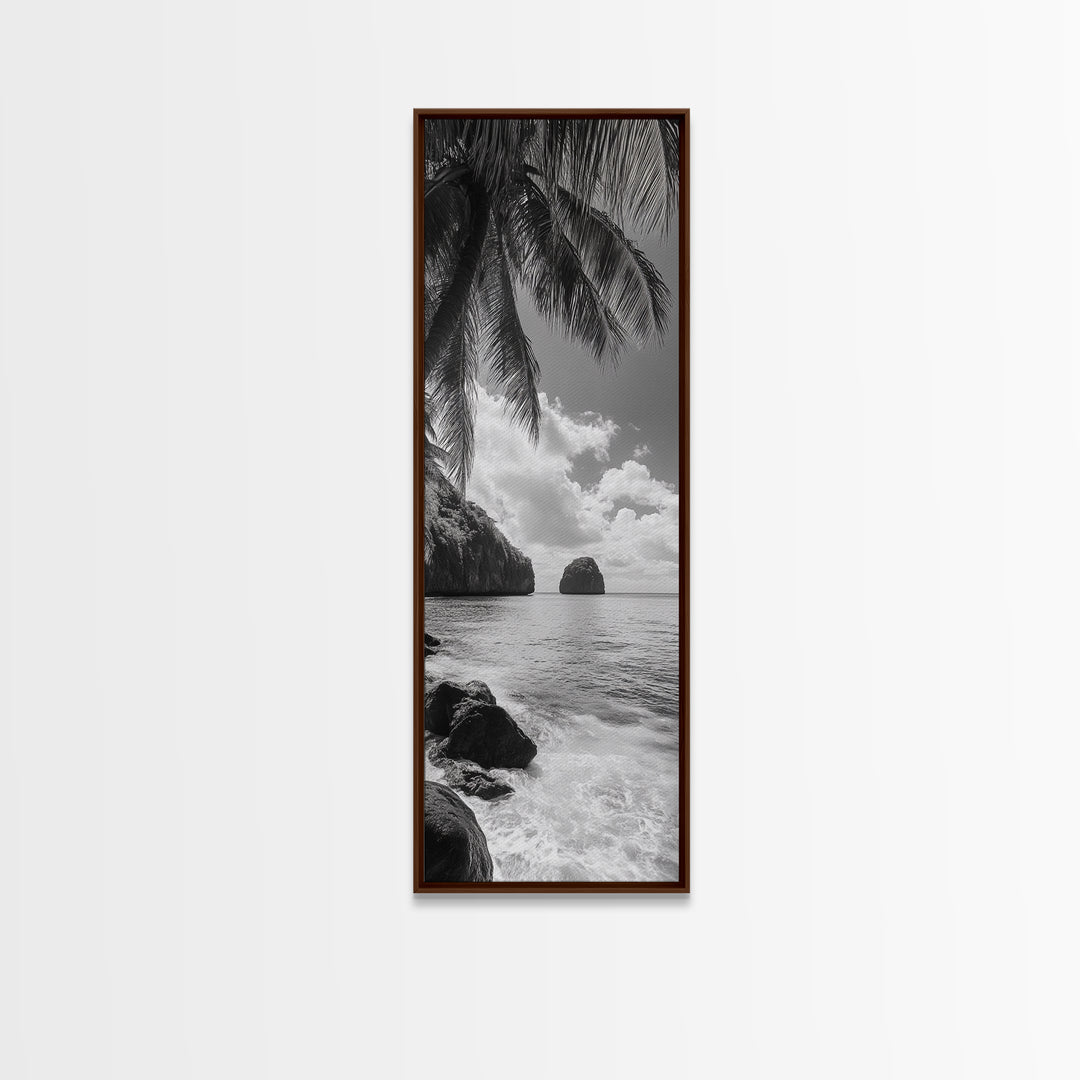 Island View, Palm Shoreline, Tropical Escape, Framed Canvas Print, Beach House Wall Art, Coastal Summer Decor, Zen Ocean Aesthetic