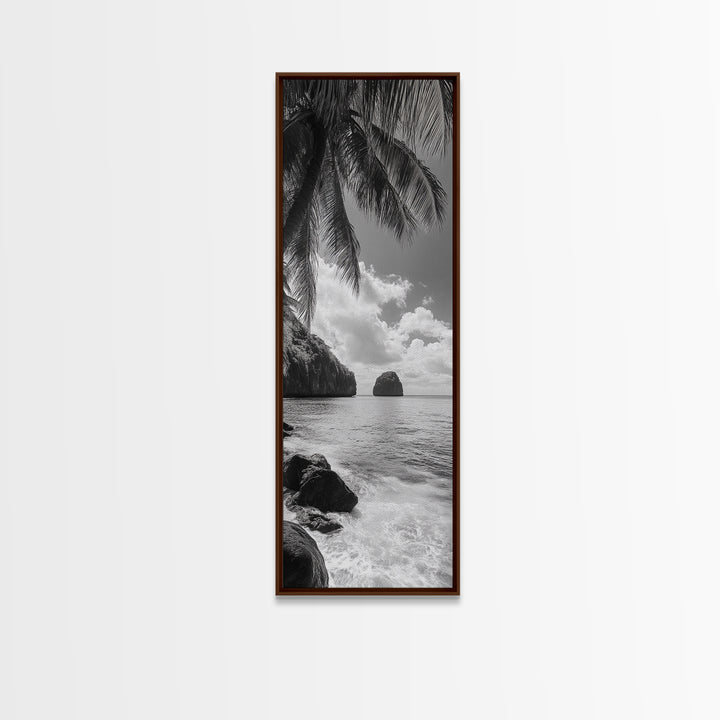 Island View, Palm Shoreline, Tropical Escape, Framed Canvas Print, Beach House Wall Art, Coastal Summer Decor, Zen Ocean Aesthetic