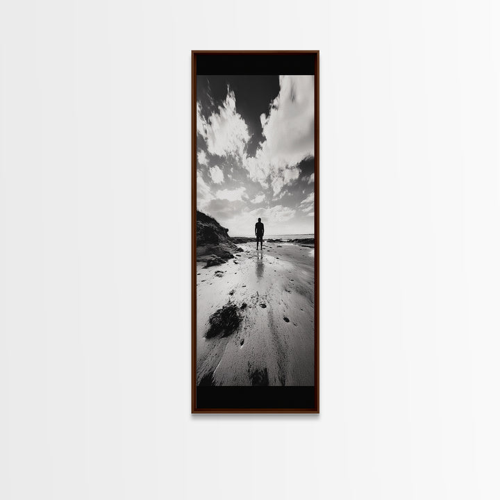 Lone Beach Walker, Dramatic Sky, Ocean Reflections, Solitude Moment, Framed Canvas Print, Hallway Wall Art, Moody Minimalist Decor