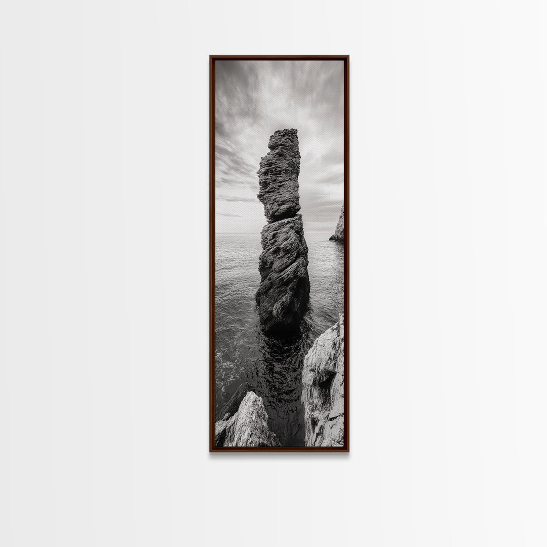 Coastal Rock, Ocean Tower, Nature Photography, Framed Canvas Print, Minimalist Wall Decor, Living Room Wall Art, Black and White Seascape
