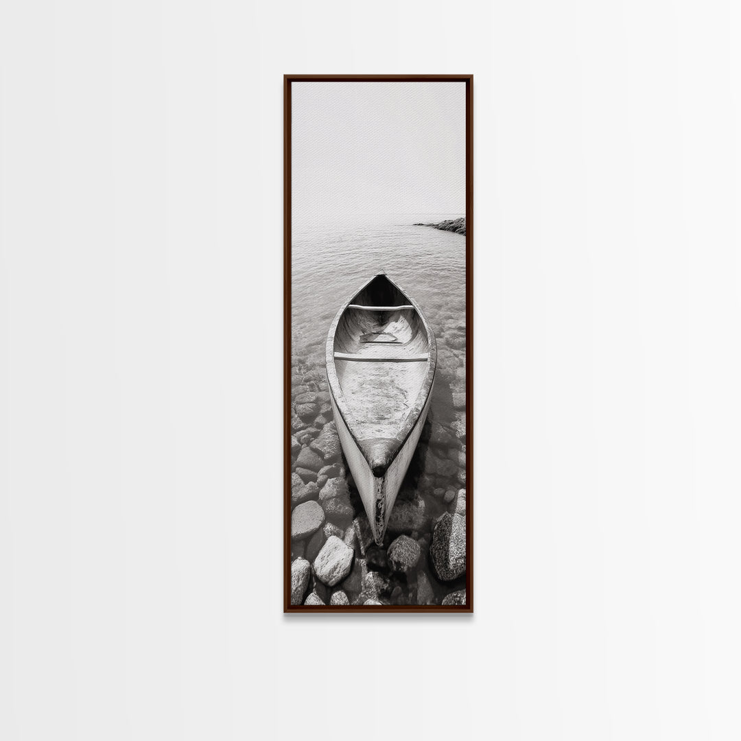 Rowboat Stillness, Peaceful Waters, Lake Canoe, Canvas Print, Entryway Wall Art, Minimalist Home Decor, Black and White Photography