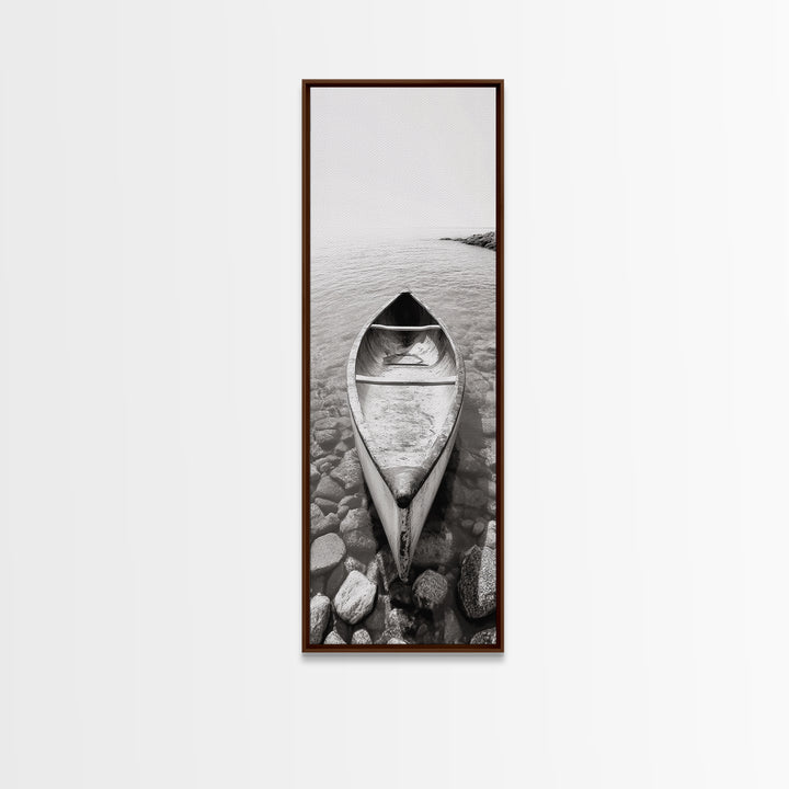 Rowboat Stillness, Peaceful Waters, Lake Canoe, Canvas Print, Entryway Wall Art, Minimalist Home Decor, Black and White Photography