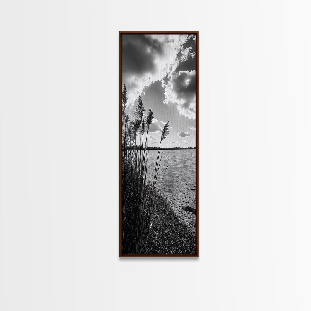 Reeds at Sunset, Lake Shoreline, Tranquil Water, Framed Canvas Print, Entryway Wall Art, Autumn Decor, Natural Photography, Neutral Tones