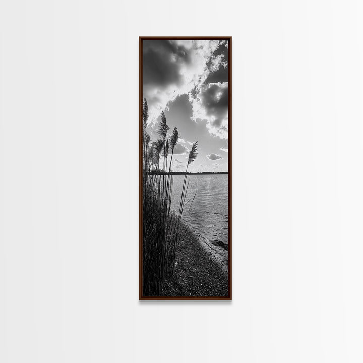 Reeds at Sunset, Lake Shoreline, Tranquil Water, Framed Canvas Print, Entryway Wall Art, Autumn Decor, Natural Photography, Neutral Tones