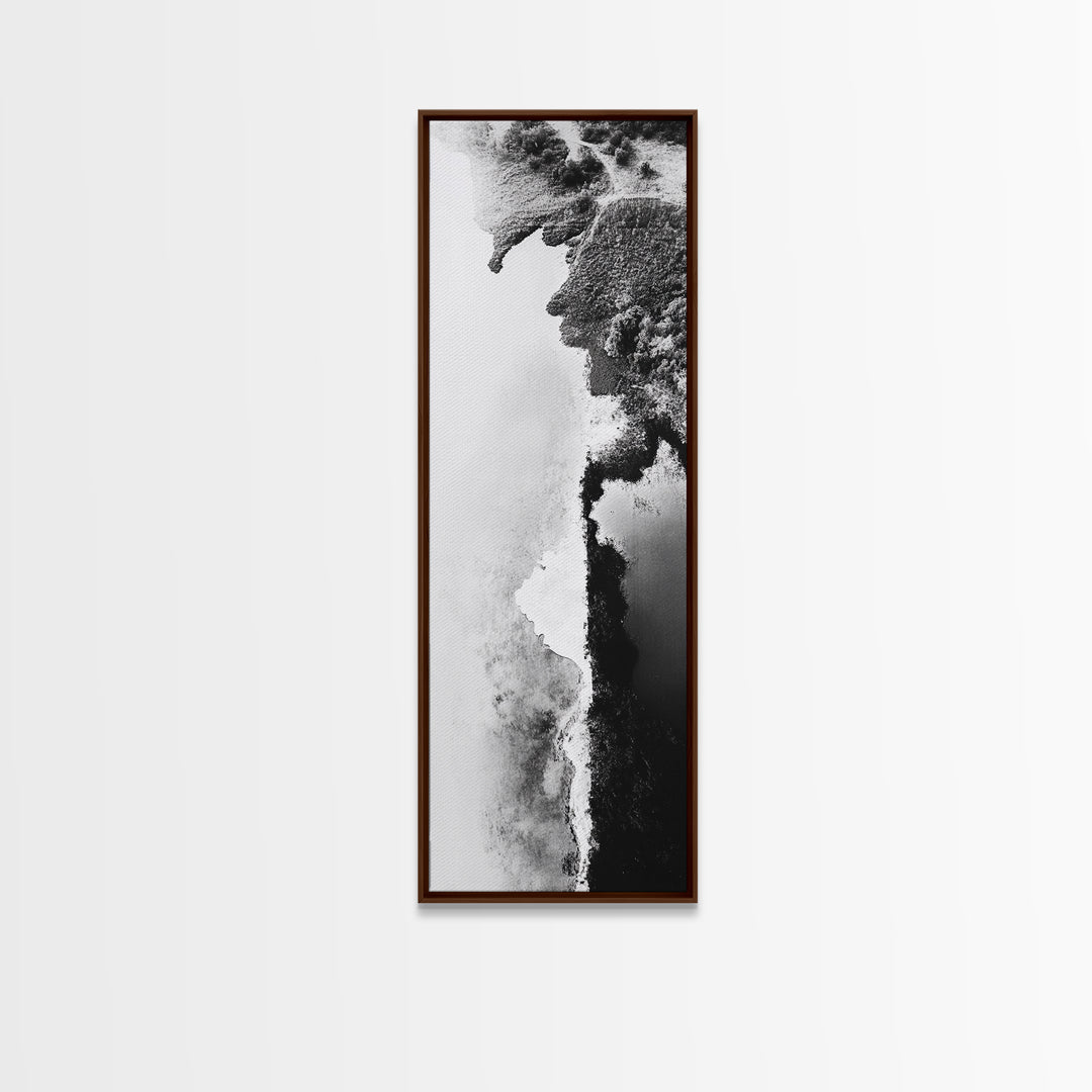 Aerial Coastline, Abstract Shore, Natural Edge, Canvas Print, Modern Living Room Wall Art, Black and White Photography, Coastal Decor