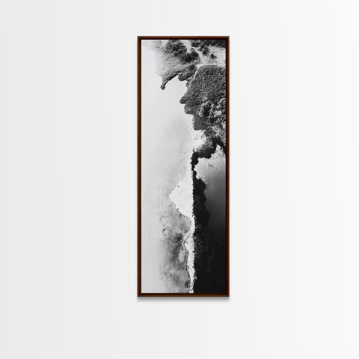 Aerial Coastline, Abstract Shore, Natural Edge, Canvas Print, Modern Living Room Wall Art, Black and White Photography, Coastal Decor