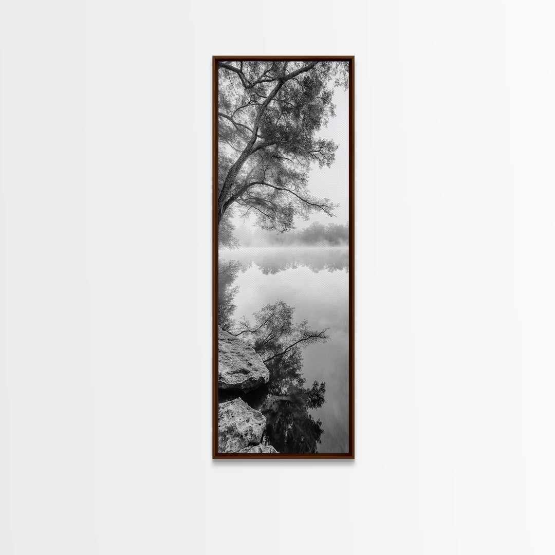 Misty Lake, Tree Reflection, Tranquil Morning, Framed Canvas Print, Bedroom Wall Art, Serene Nature Photography, Minimalist Art Style