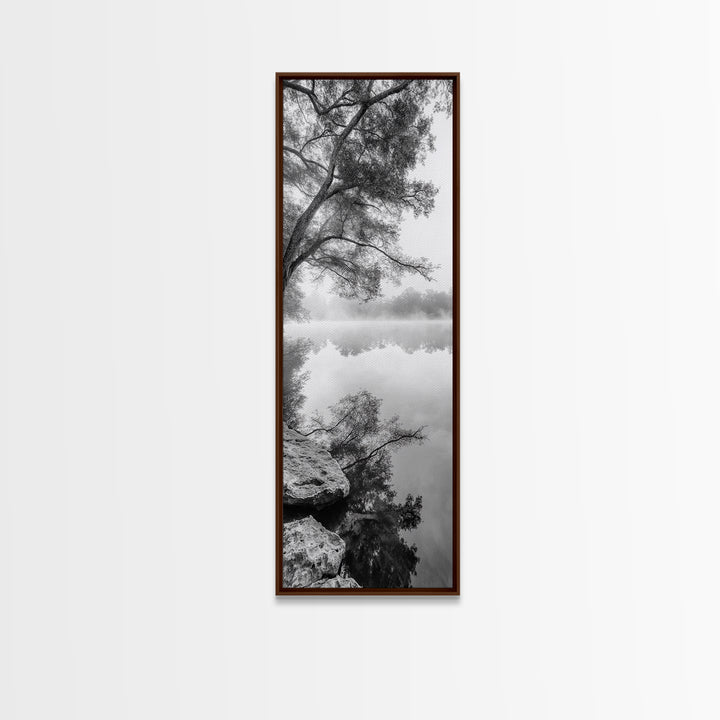 Misty Lake, Tree Reflection, Tranquil Morning, Framed Canvas Print, Bedroom Wall Art, Serene Nature Photography, Minimalist Art Style