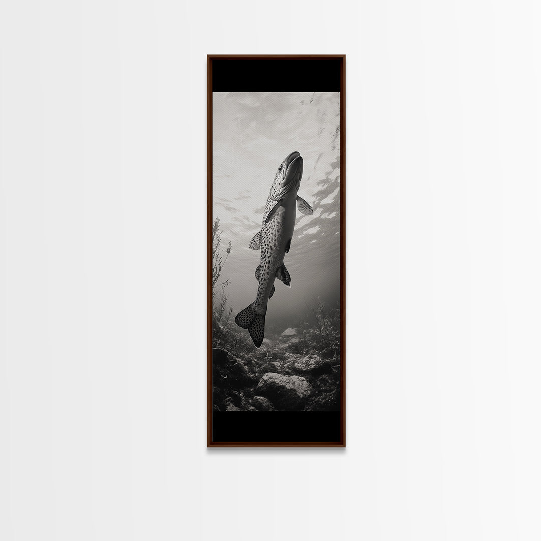 Rising Trout, Underwater Fish, Nature Close-Up, Canvas Print, Cabin Wall Art, Rustic Decor, Fishing Lover Gift, Black and White Art