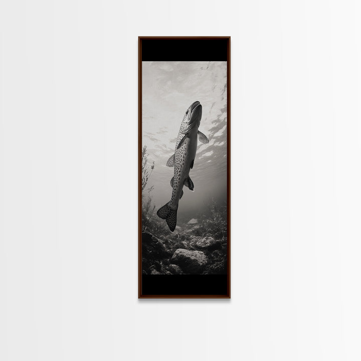 Rising Trout, Underwater Fish, Nature Close-Up, Canvas Print, Cabin Wall Art, Rustic Decor, Fishing Lover Gift, Black and White Art