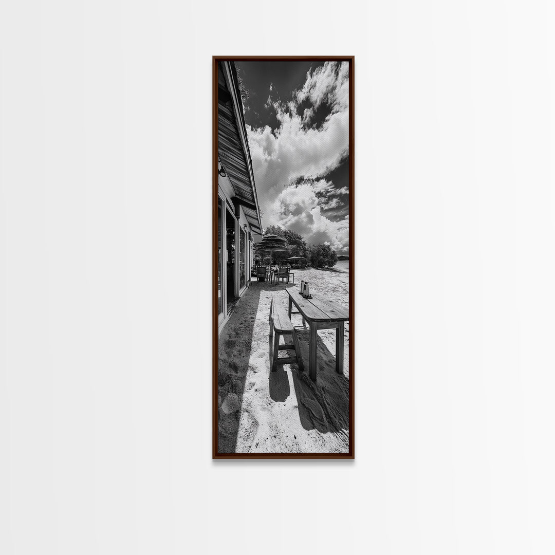 Beach Café Table, Seaside Dining, Rustic Seating, Tropical Getaway, Framed Canvas Print, Kitchen Wall Art, Coastal Rustic Aesthetic