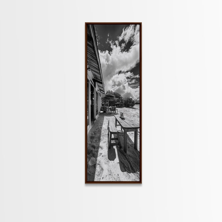 Beach Café Table, Seaside Dining, Rustic Seating, Tropical Getaway, Framed Canvas Print, Kitchen Wall Art, Coastal Rustic Aesthetic