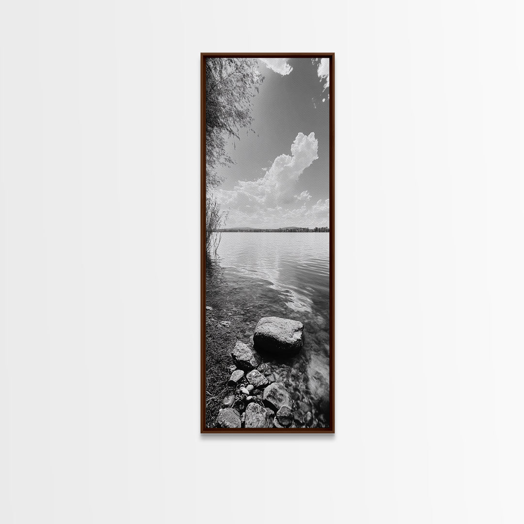 Peaceful Lake, Cloud Reflection, Shoreline Stones, Framed Canvas Print, Guest Room Wall Art, Nature Inspired Decor, Minimalist Landscape