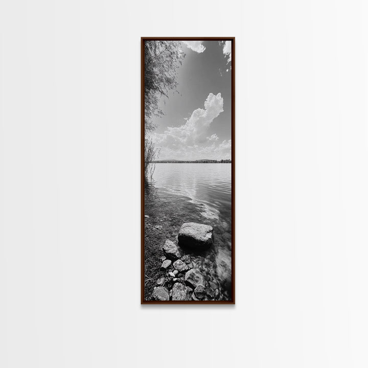 Peaceful Lake, Cloud Reflection, Shoreline Stones, Framed Canvas Print, Guest Room Wall Art, Nature Inspired Decor, Minimalist Landscape