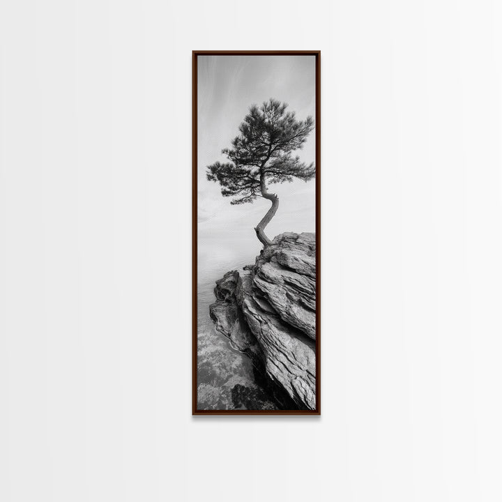 Lone Pine Tree, Minimal Nature, Tranquil Cliff Scene, Zen Forest Print, Framed Canvas Print, Japandi Wall Art, Entryway Tree Print, Nature Minimalism
