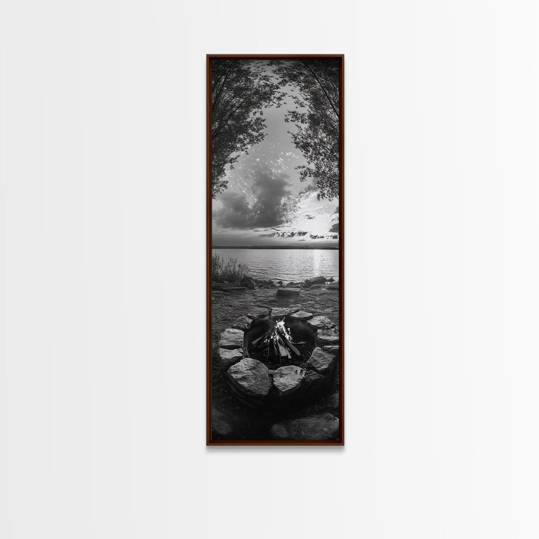 Campfire Sunset, Autumn Gathering, Fireside Evening, Lake Horizon, Framed Canvas Print, Fall Decor, Cabin Living Room Wall Art, Nature Lodge Print