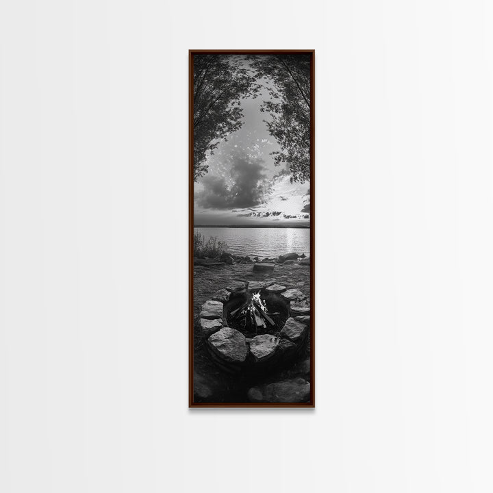 Campfire Sunset, Autumn Gathering, Fireside Evening, Lake Horizon, Framed Canvas Print, Fall Decor, Cabin Living Room Wall Art, Nature Lodge Print