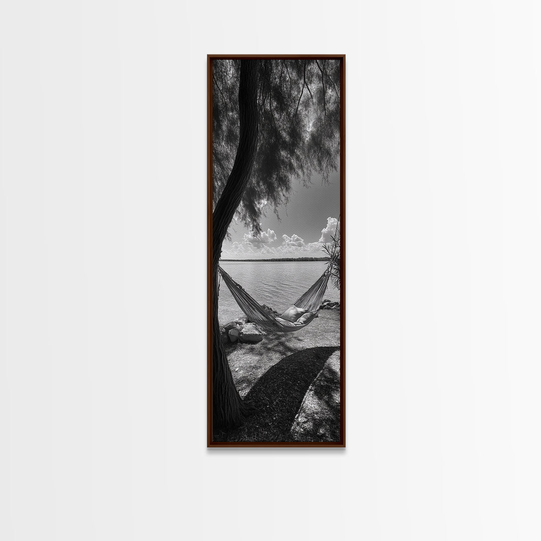 Hammock Dreams, Coastal Rest, Lakeside Retreat, Chill Vibes, Framed Canvas Print, Boho Wall Art, Serene Bedroom Art, Relaxation Inspired Decor