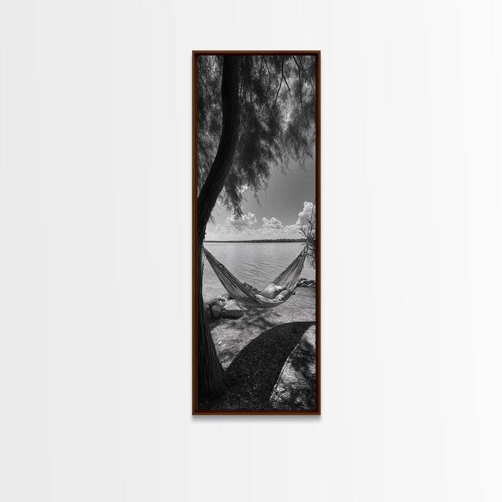 Hammock Dreams, Coastal Rest, Lakeside Retreat, Chill Vibes, Framed Canvas Print, Boho Wall Art, Serene Bedroom Art, Relaxation Inspired Decor