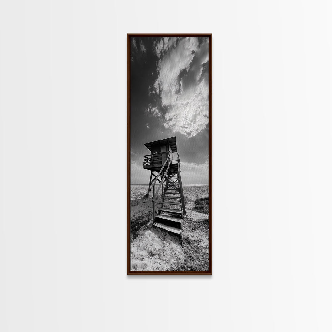 Lifeguard Tower, Beach Vibes, Ocean Escape, Dramatic Sky, Framed Canvas Print, Surf Shack Decor, Coastal Bedroom Wall Art, Minimal Beach Art