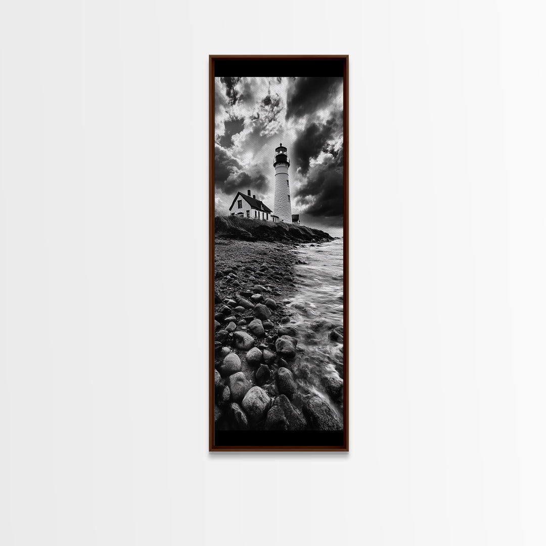 Lighthouse Drama, Coastal Storm, Rocky Shoreline Scene, Moody Ocean Sky, Framed Canvas Print, Nautical Living Room Wall Art, Black White Art