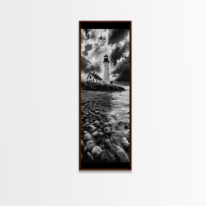 Lighthouse Drama, Coastal Storm, Rocky Shoreline Scene, Moody Ocean Sky, Framed Canvas Print, Nautical Living Room Wall Art, Black White Art