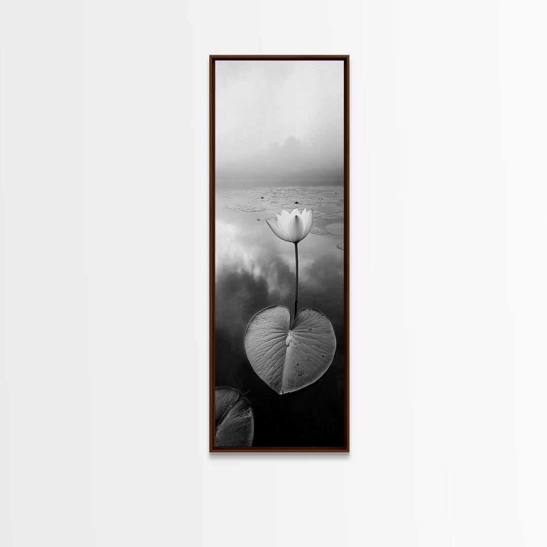 Minimalist Lotus, Zen Flower, Misty Pond, Tranquil Nature, Monochrome Botanical Framed Canvas Print, Bedroom Meditation Wall Decor
