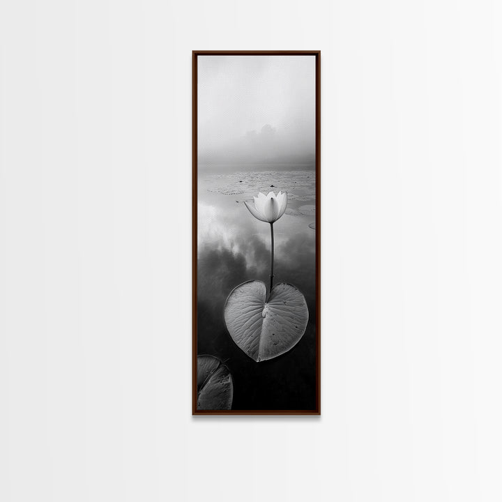 Minimalist Lotus, Zen Flower, Misty Pond, Tranquil Nature, Monochrome Botanical Framed Canvas Print, Bedroom Meditation Wall Decor
