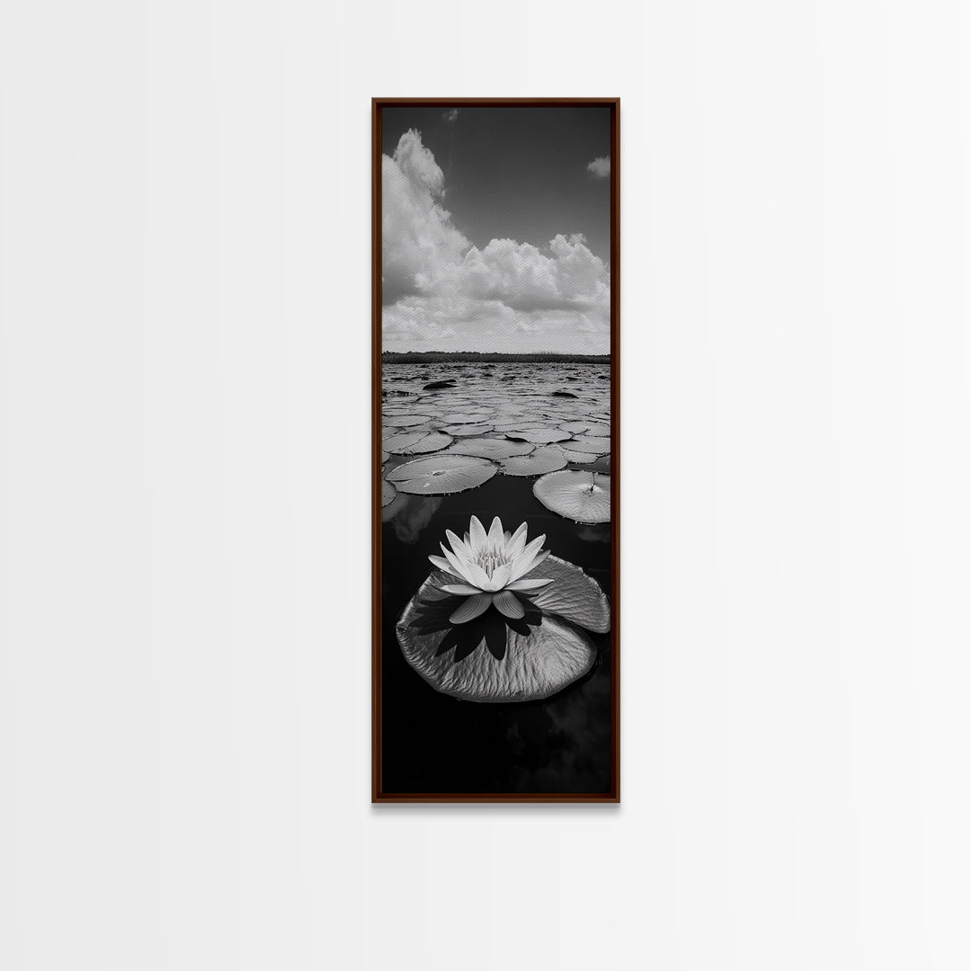 Water Lily Bloom, Lake Flowers, Lotus Petals, Peaceful Reflections, Botanical Art Framed Canvas Print, Spa Room Floral Wall Decor