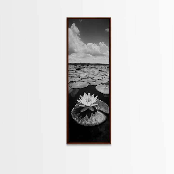 Water Lily Bloom, Lake Flowers, Lotus Petals, Peaceful Reflections, Botanical Art Framed Canvas Print, Spa Room Floral Wall Decor
