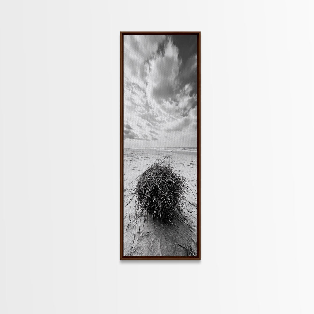 Beach Tumbleweed, Windy Dune, Coastal Drift, Seaside Simplicity, Monochrome Shoreline Framed Canvas Print, Bathroom Beach Wall Decor