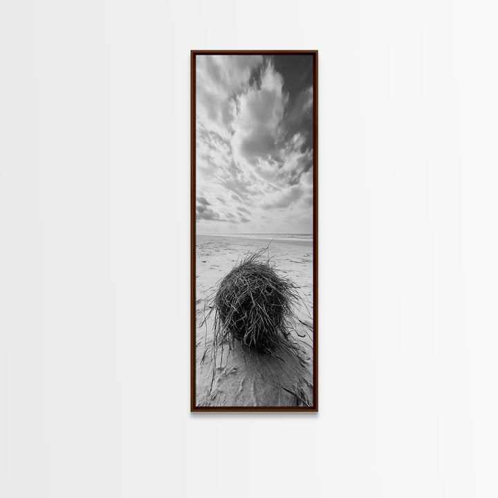 Beach Tumbleweed, Windy Dune, Coastal Drift, Seaside Simplicity, Monochrome Shoreline Framed Canvas Print, Bathroom Beach Wall Decor
