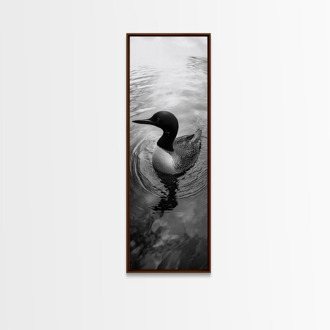Water Loon, Lake Bird, Floating Wildlife, Nature Stillness, Serene Waterfowl Framed Canvas Print, Cabin Wall Art Rustic Lakehouse Decor