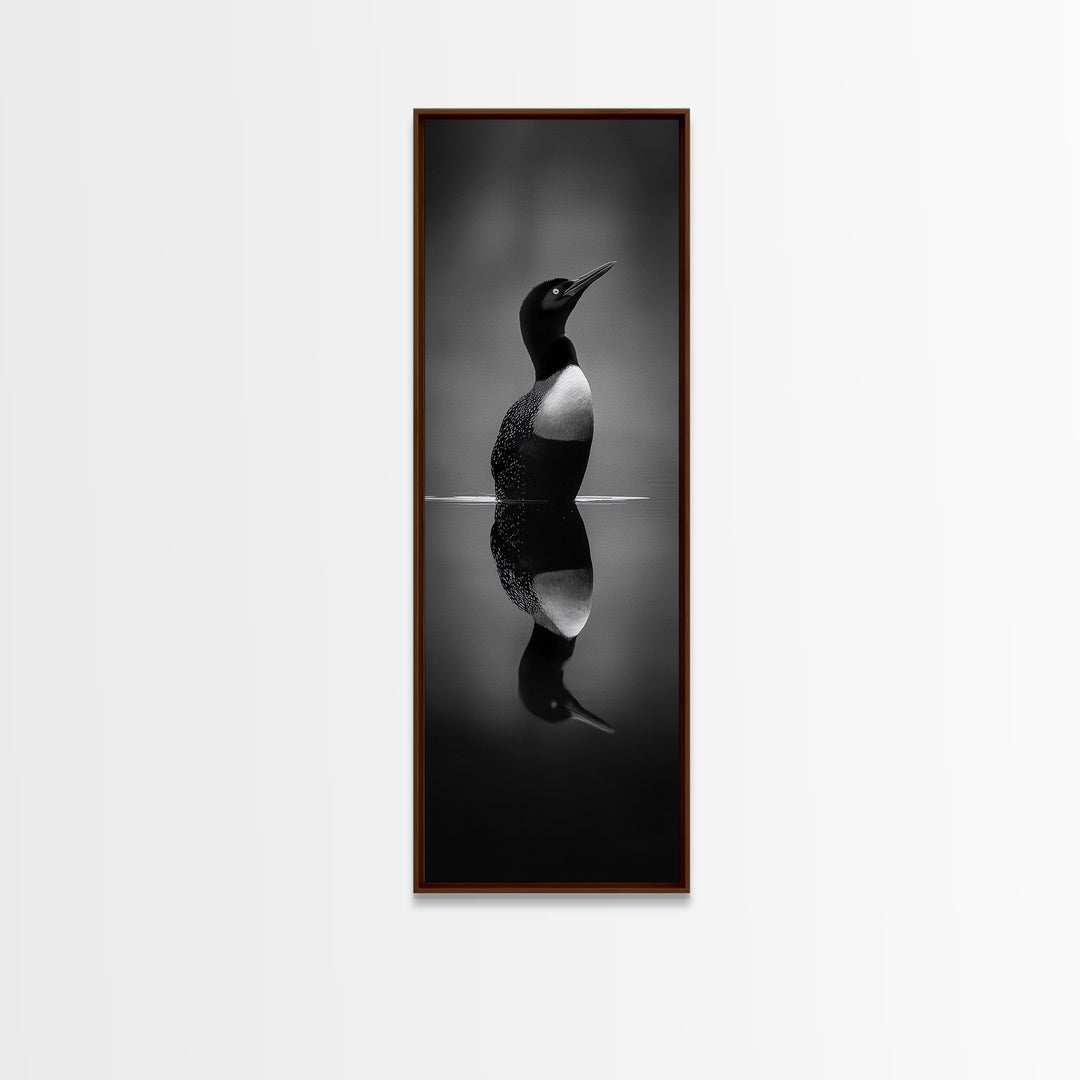 Reflected Loon, Lake Silence, Bird Mirror, Wildlife Art, Moody Black White Framed Canvas Print, Study Nature Wall Decor Minimalist Style
