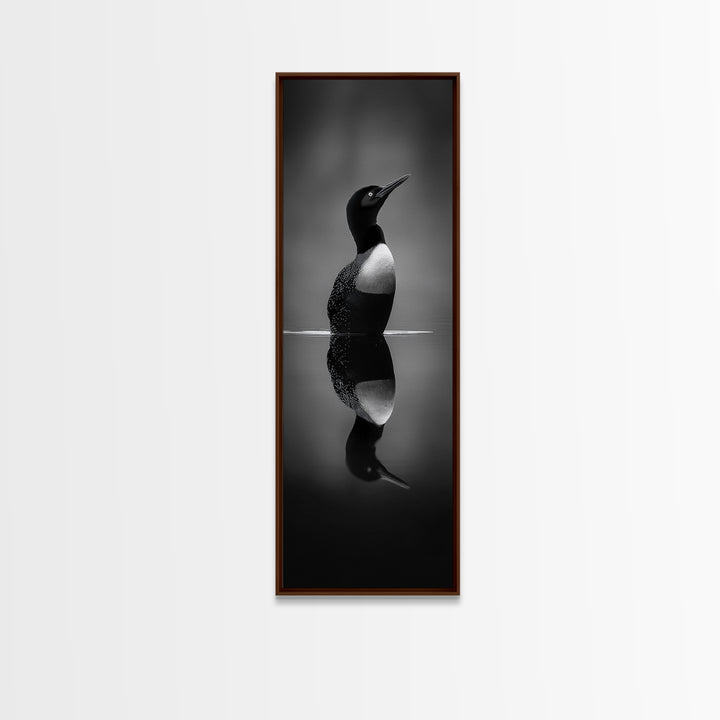 Reflected Loon, Lake Silence, Bird Mirror, Wildlife Art, Moody Black White Framed Canvas Print, Study Nature Wall Decor Minimalist Style