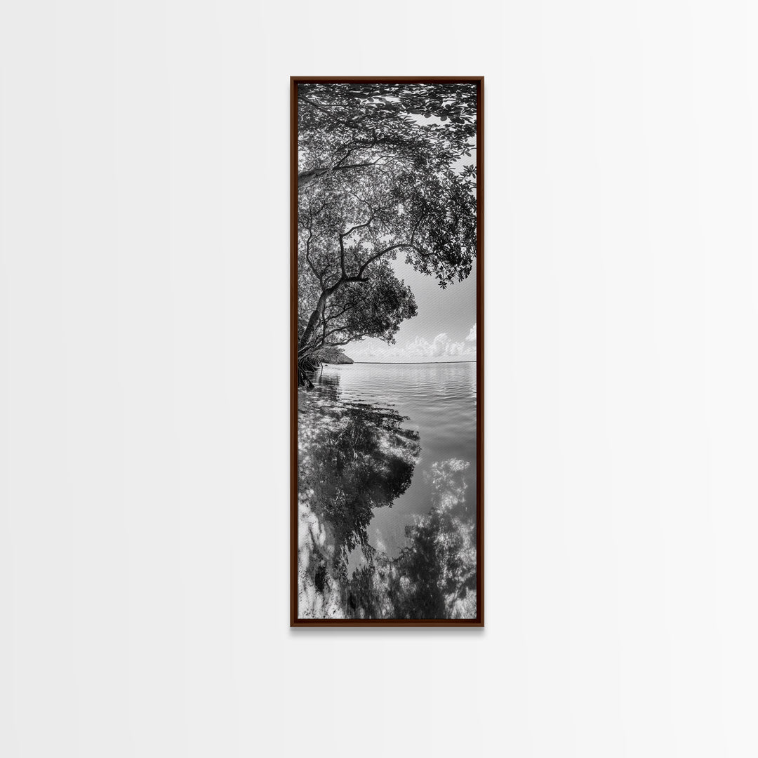 Mangrove Shoreline, Tree Reflections, Still Waters, Tranquil Escape, Black White Nature Framed Canvas Print, Zen Wall Art Entryway Decor