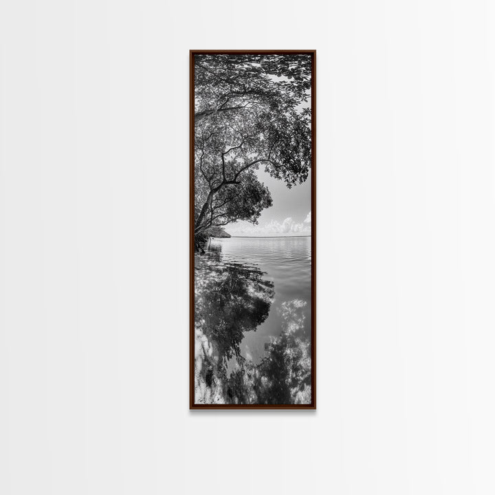 Mangrove Shoreline, Tree Reflections, Still Waters, Tranquil Escape, Black White Nature Framed Canvas Print, Zen Wall Art Entryway Decor