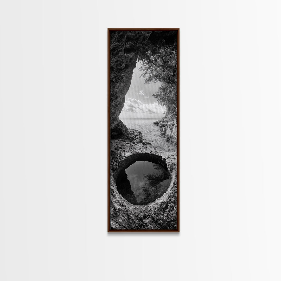 Ocean Cave, Coastal View, Natural Tide Pool, Canvas Print, Bathroom Wall Art, Seaside Decor, Minimalist Landscape, Black and White Art