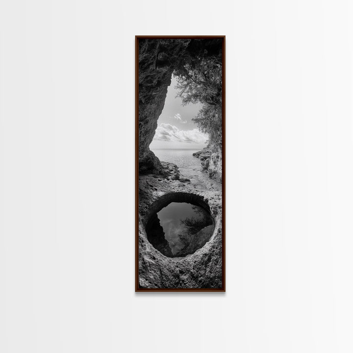 Ocean Cave, Coastal View, Natural Tide Pool, Canvas Print, Bathroom Wall Art, Seaside Decor, Minimalist Landscape, Black and White Art