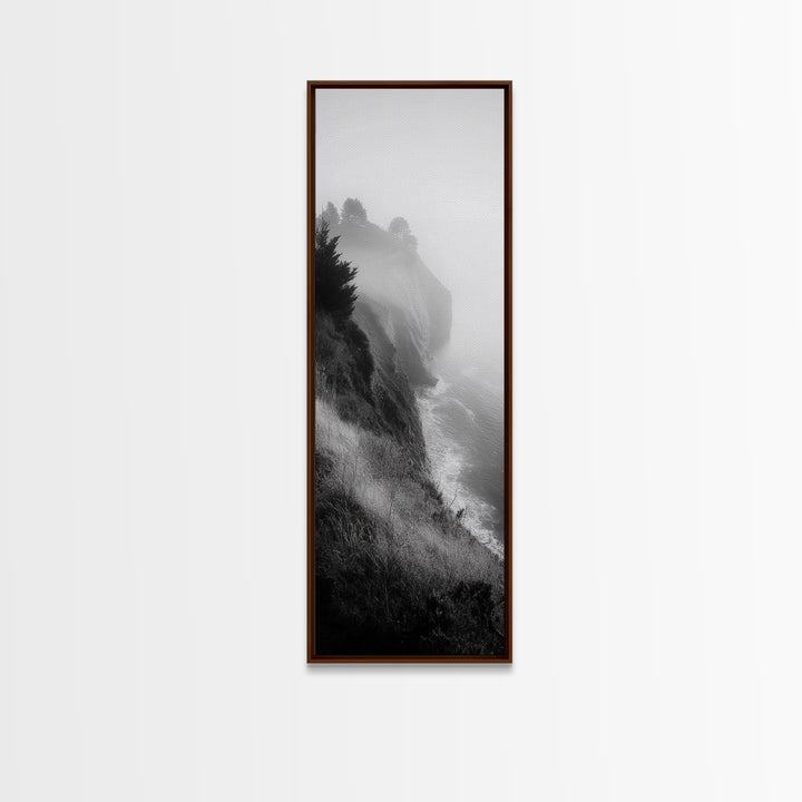 Cliffside Fog, Coastal Mist, Ocean Overlook, Framed Canvas Print, Living Room Wall Art, Monochrome Decor, Moody Landscape, Minimalist Home