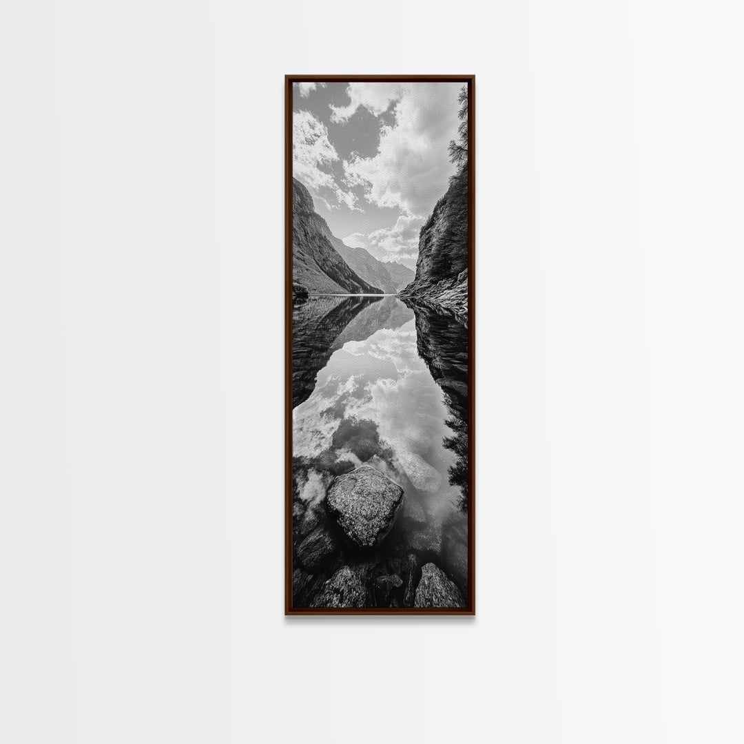Reflective Lake, Cloud Mirror, Mountain Calm, Canvas Print, Serene Bedroom Wall Art, Nature Tranquility, Scandinavian Landscape Style
