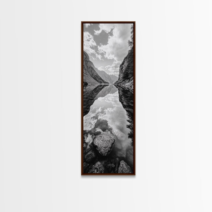 Reflective Lake, Cloud Mirror, Mountain Calm, Canvas Print, Serene Bedroom Wall Art, Nature Tranquility, Scandinavian Landscape Style