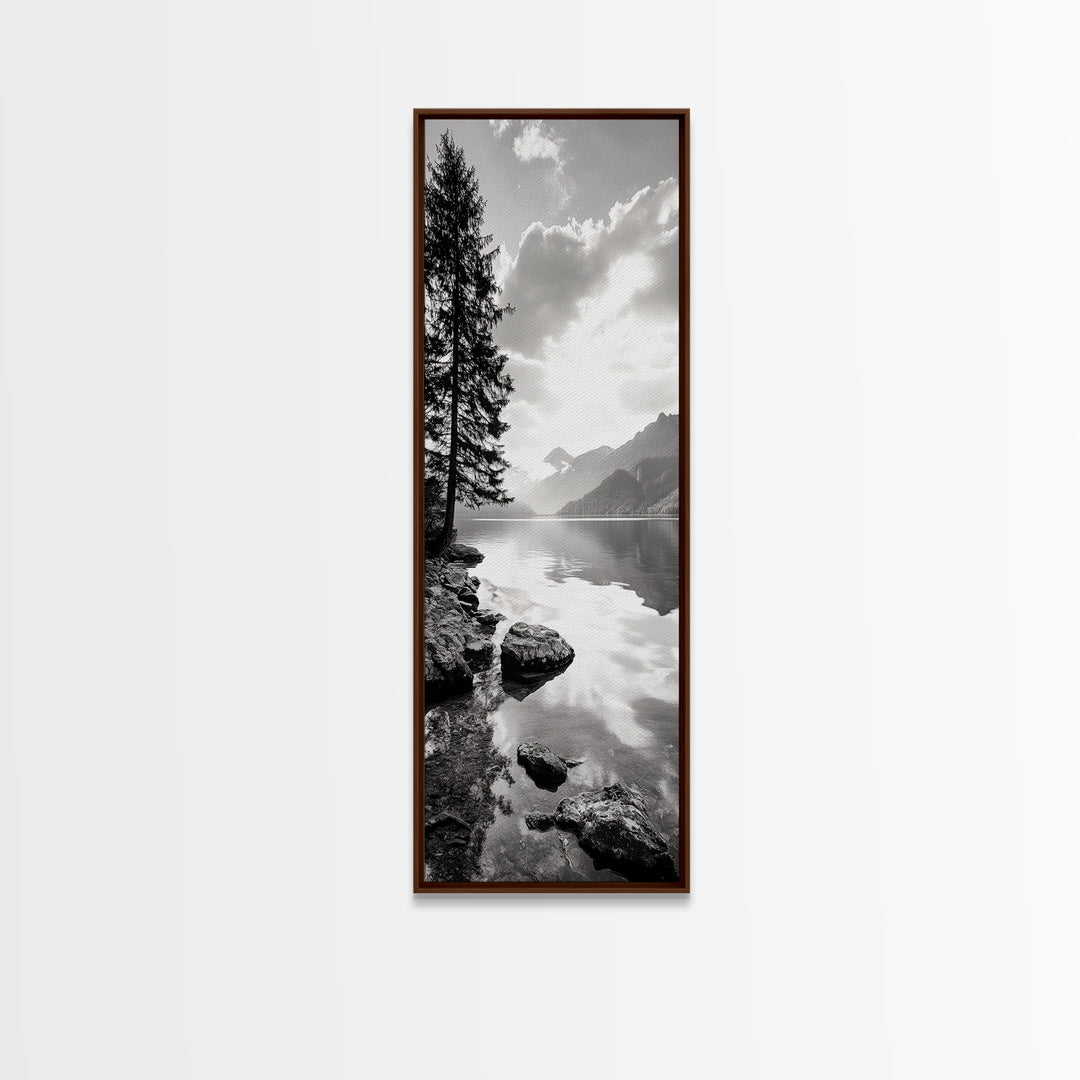 Mountain Lake Peace, Still Water View, Nature Escape, Framed Canvas Print, Living Room Wall Art, Nordic Cabin Decor, Minimal Landscape