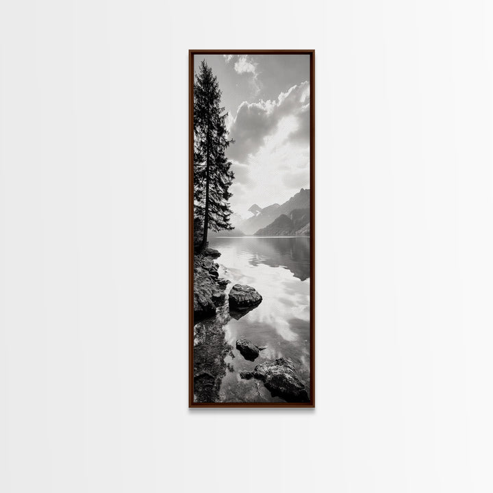Mountain Lake Peace, Still Water View, Nature Escape, Framed Canvas Print, Living Room Wall Art, Nordic Cabin Decor, Minimal Landscape
