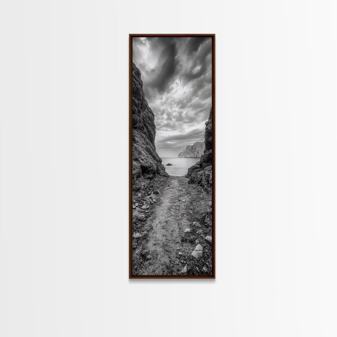 Rocky Pathway, Seaside Trail, Cloudy Horizon, Framed Canvas Print, Moody Coastal Wall Art, Nature Inspired, Monochrome Travel Decor