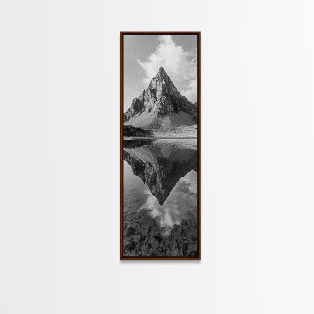 Sharp Mountain Peak, Reflection Stillness, Monochrome Wild, Framed Canvas Print, Rustic Cabin Wall Art, Nature Lover Gift Idea