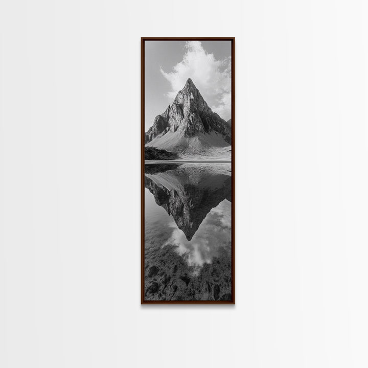 Sharp Mountain Peak, Reflection Stillness, Monochrome Wild, Framed Canvas Print, Rustic Cabin Wall Art, Nature Lover Gift Idea