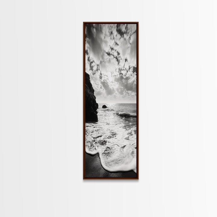 Ocean Sunset Foam, Coastal Waves Print, Seascape Minimalist, Fall Bathroom Decor, Canvas Print, Black White Beach Photography