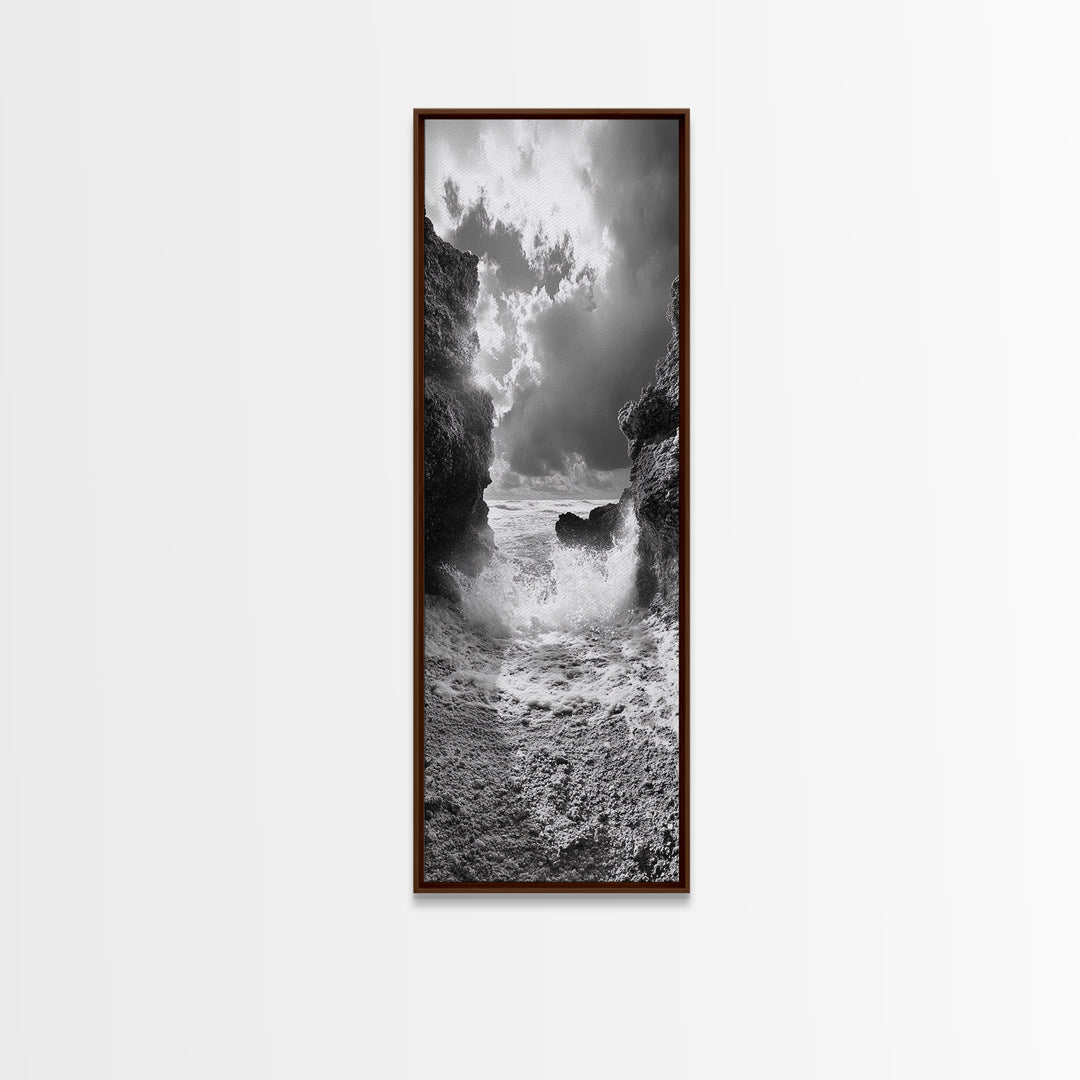 Wave Crash Rocks, Ocean Drama Scene, Moody Beach Photography, Coastal Kitchen Decor, Framed Canvas Print, Nautical Wall Art